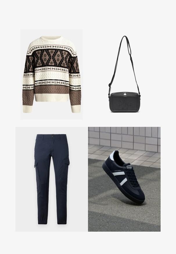 Creme og brun kabelstrikket sweater med geometriske og blomster-mønstre over brystet og ærmerne, med ribbede manchetter og kant.; Mørkeblå cargo-bukser lavet af slidstærkt stof, med flere lommer, en talje med en knap og elastiske manchetter ved anklerne.; Sort lædersneaker med hvide striber, tekstureret gummisål og snørrebånd foran. Har et brandet mærke på tungen.; Sort læder crossover taske med lynlåslukning, præget logo på fronten og justerbar rem. Glat tekstur med rektangulær form.