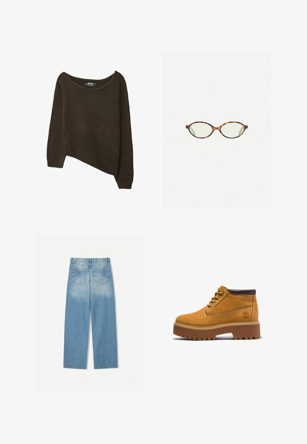 Brun, löst stickad tröja med asymmetrisk nederkant och bred halsringning. Mjuk textur med ribbade muddarna och en etikett på insidan av halsringningen.; Ljusblå denimjeans med rak bendesign, som har två bakfickor och en urvaskad yta vid de övre delarna.; Tan läderankelstövlar med rundad tå, bruna accenter, tjock platå sula och kontrasterande gula snören. Har en logotyp på sidan.; Sköldpaddsmönstrade glasögon med ovala linser och en elegant, slät yta. Har tunna sidor med en subtil kurva vid tinningarna. Klara linser.