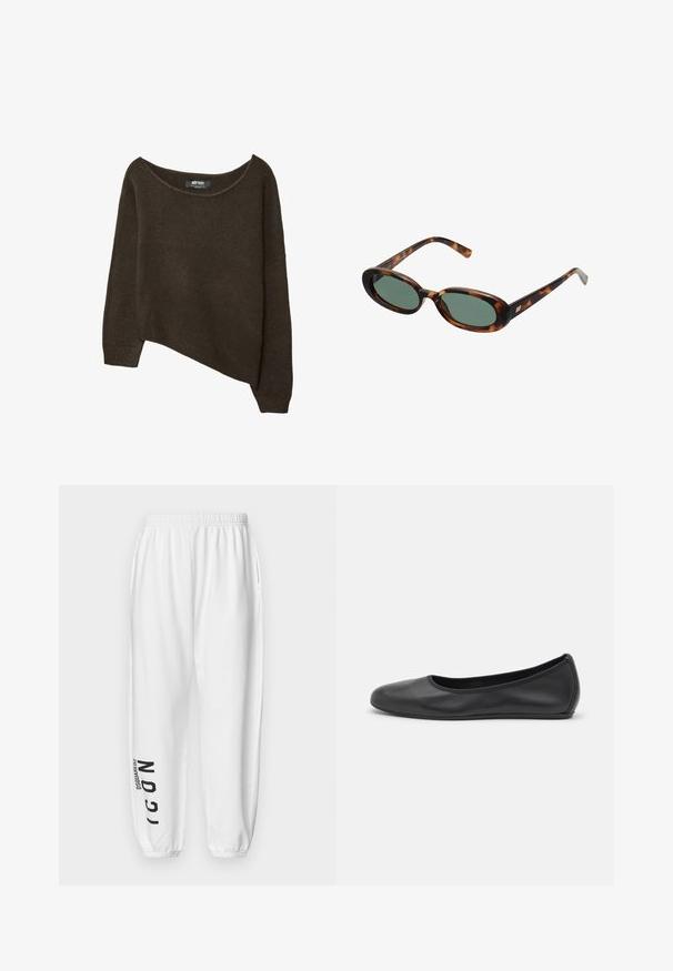 Rjav, ohlapen pulover z asimetričnim robom in širokim ovratnikom. Mehka tekstura z rebrastimi manšetami in oznako na notranji strani ovratnika.; DSQUARED2 ICON ICON - Spodnji deli trenirk - white; Črne usnjene balerinke z zaobljenim nosom, gladko teksturo, minimalnimi šivi in fleksibilno zasnovo podplata.; Žirafne sončna očala z ovalnimi okvirji in zelenimi lečami. Imajo tanke ročice z metalnim poudarkom blizu tečajev.; Torbica iz rjavega usnja s ukrivljeno obliko, z zlatimi dodatki in tankim naramnim trakom. Ima zadrgo za zapiranje in detajl logotipa na sprednji strani.