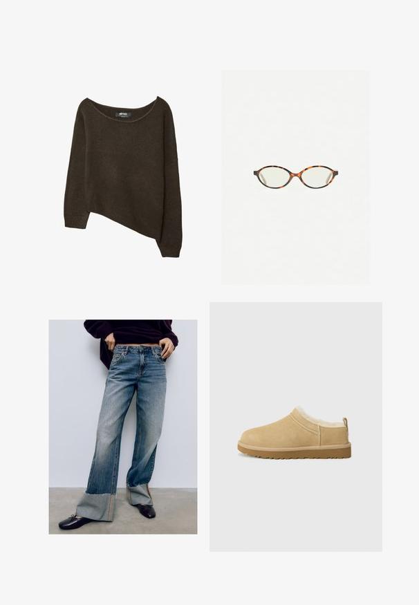 Rjav, ohlapen pulover z asimetričnim robom in širokim ovratnikom. Mehka tekstura z rebrastimi manšetami in oznako na notranji strani ovratnika.; Svetlo modri kavbojki širokega kroja s strganimi robovi, ki imajo kontrastne šive in sproščen kroj. Kombinirani z temnimi ravnimi čevlji.; Semiš čevlji brez vezalk v svetlo rjavi barvi, z mehakim krznom znotraj in teksturiranim gumijastim podplatom ter rahlim petnim delom in zadnjim zanko za lažje obuvanje.; Kornjačaste očala z ovalnimi lečami in gladko, sijočo površino. Imajo tanke stranice z rahlim ovinkom na templjih. Prosojne leče.