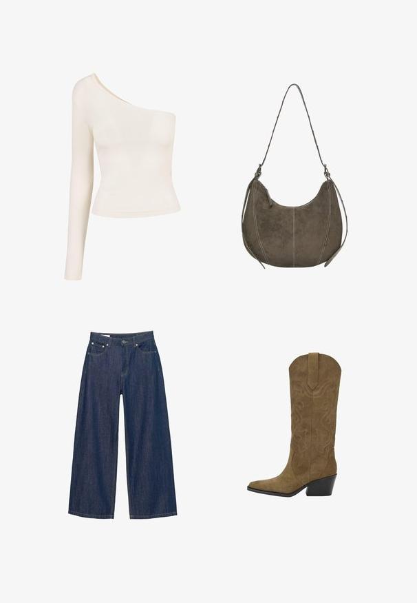 Kremowy, miękki sweter z wysokim kołnierzem i półzamkiem z przodu. Posiada długie rękawy oraz ściągacze na kołnierzu i u dołu.; Długi rękaw bluzki w jasnobeżowym kolorze z jednym wycięciem na ramieniu. Gładki, elastyczny materiał; dopasowany krój podkreśla sylwetkę. Bez wzorów ani ozdób.; Szerokie dżinsy w ciemnoniebieskim denimu, z zapięciem na guzik, przednimi kieszeniami i żółtym przeszyciem wzdłuż szwów. Gładka tekstura.; Brązowy zamszowy kowbojski but do połowy łydki z haftowanymi wzorami w kształcie spirali, spiczastym noskiem, pętlą do zakupu i skośnie ułożonym czarnym obcasem.; Brązowa zamszowa torba hobo o zaokrąglonym kształcie, z kontrastowym przeszyciem, pojedynczym paskiem na ramię i suwakiem. Gładka tekstura całości.