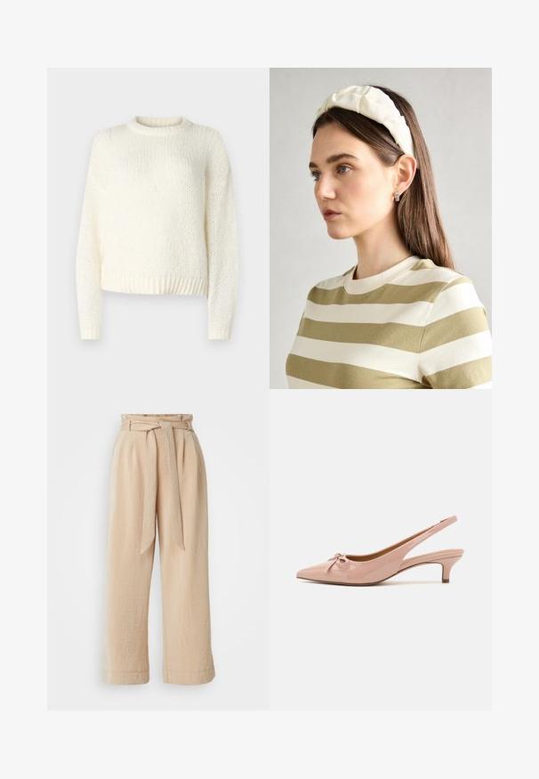 Könnyű, kötött krémszínű pulóver hosszú ujjal, kerek nyakkivágással és bordázott szegéllyel. Strukturált anyag, laza, kényelmes fazonban.; Beige, bőszárú nadrág övvel, textúrált anyagból készült. Elöl redő található, az alsó szél sima kivitelű.; Pattent rózsaszín slingback magassarkú, hegyes orral, elöl masni díszítéssel és alacsony, kislábú sarkával. Simább textúrájú, fényes felülettel.; Krém színű párnázott fejpánt csavaros kivitelezéssel, bézs és fehér csíkos pólóval párosítva, kerek nyakkivágással. Diszkrét ékszer kiegészítők.