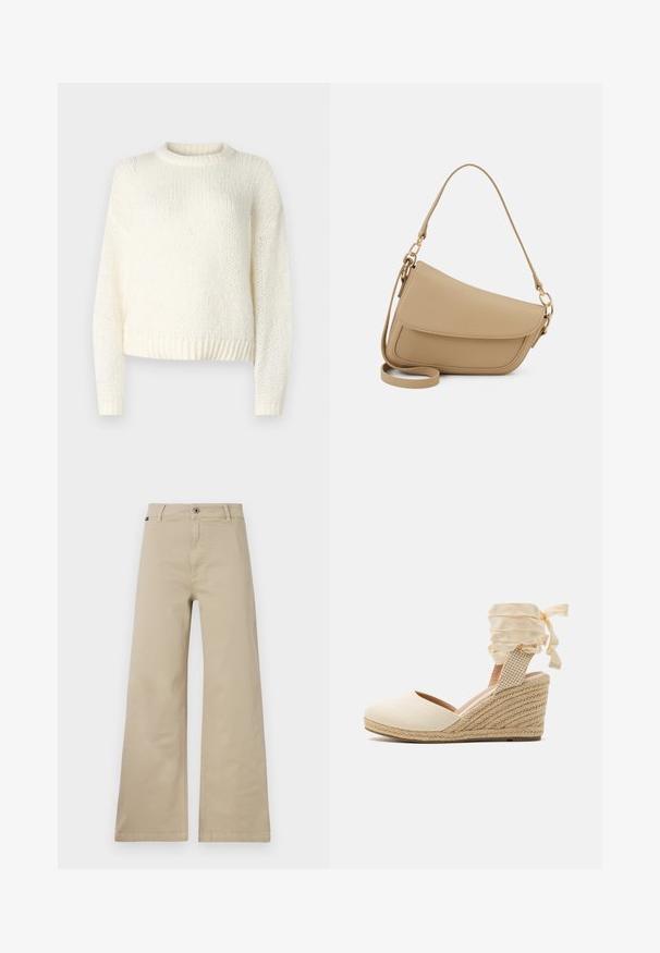 Lätt, stickad krämfärgad tröja med långa ärmar, rund halsringning och ribbad nederkant. Texturerat tyg med en lös, avslappnad passform.; Beige vida byxor i bomull. Har en knappstängning, bälteshällor och sidofickor. Slät, hållbar textur med en klassisk design.; Beige espadrille-kilklack med överdel i canvas, öppen tå och mjuka satinband. Texturerad sula av jute med flätat mönster.; Even&Odd Handväska - beige