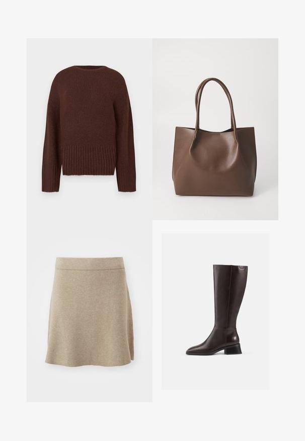 Prune kootud sviiter ribatud alumise serva ja varrukatega. Omab ümarat kaelust ja tekstuuri. Tavalise lõikega disain.; Bež seelik pehmest kangast, A-laini disain, millel on peen tekstuur ja sirge äär. Ühtlane värv ilma nähtavate mustrite või aktsentideta.; Põlvikud pruunist nahast, ulatudes põlvedeni, siledaga viimistlusega, ümarate varvastega ja musta kiilukontsaga. Lihtne disain koos minimaalsete riistvaradetailidega.; Pruun nahkne kott kahe pika sangaga, struktureeritud kuju, sile pind ja minimalistik disain. Ilma nähtava riistvara või aksessuaarideta.