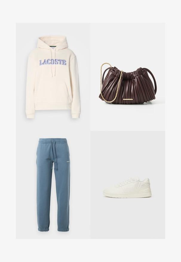 Lacoste Hoodie - lapland; Blue elastic-waist jogger pants with adjustable drawstring, side pockets, elastic cuffs, and small white logo on left thigh.; White low-top sneaker made of smooth leather, featuring a round toe, lace-up closure, embossed logo, and textured accents on the sides.; Burgundy pleated leather handbag with gold chain handle and small rectangular hardware accent. Soft texture, rounded shape, and elegant design.