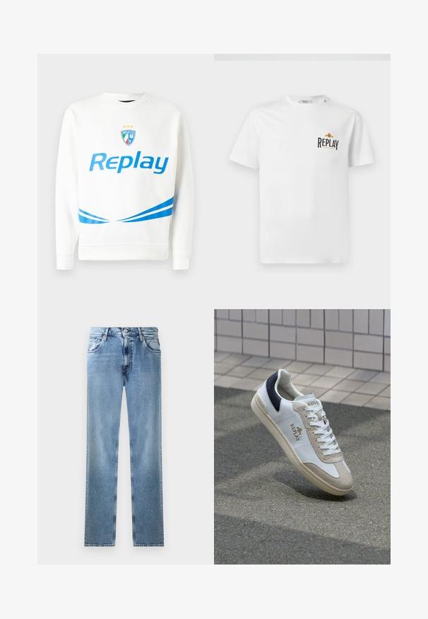 Biała bluza z niebieskim logo "Replay", herb drużyny z gwiazdami oraz niebieskimi, ukośnymi paskami na talii i rękawach. Miękka tekstura.; Biała bawełniana koszulka z krótkim rękawem, z czarnym i złotym logo "REPLAY GRAND HOTEL" na lewej piersi. Prosty design, regularny krój.; Jasnoniebieskie dżinsy o prostym kroju z kieszeniami, miedzianymi nitami i zapięciem na guzik. Posiadają przetarty wzór i czystą, wykończoną dołem nogawkę.; Białe skórzane sneakersy z beżowymi zamszowymi akcentami, granatowym tabem na pięcie i złotym logo. Teksturowana podeszwa z dekoracyjnym wzorem. Klasyczny design na sznurówki.