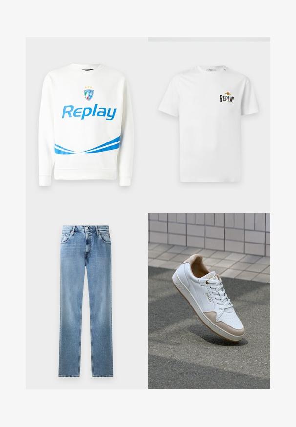 Bela majica s kapuco z modrim logotipom "Replay", ekipnim grbom s zvezdami in modrimi diagonalnimi črtami na pasu in rokavih. Mehka tekstura.; Bela bombažna majica s kratkimi rokavi, ki ima črn in zlat logotip "REPLAY GRAND HOTEL" na levem prsnem delu. Enostaven dizajn, običajen fit.; Svetlo modri traper hlače ravnega kroja z žepi, bakrenimi zakovicami in gumbom za zapiranje. Imajo zbledel dizajn in čist rob.; Bela usnjena teniska obutev z bež semišnimi poudarki, ravnim vezalkami, perforiranim prednjim delom in zlatim logotipom na jezičku in strani.