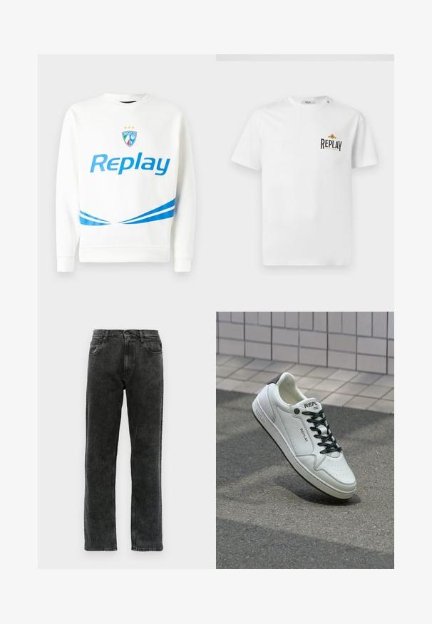 Weißer Kapuzenpullover mit blauem "Replay"-Logo, einem Teamwappen mit Sternen und blauen diagonalen Streifen an der Taille und den Ärmeln. Sanfte Textur.; Weißes Baumwoll-T-Shirt mit kurzen Ärmeln, das auf der linken Brust ein schwarzes und goldenes "REPLAY GRAND HOTEL"-Logo zeigt. Einfaches Design, normale Passform.; Schwarze Denim-Jeans mit geradem Schnitt, fünf Taschen, Knopfverschluss und dezentem Verblassen des Stoffs.; Weiße Ledersneaker mit durchlöchertem Zehenbereich, schwarzen Schnürsenkeln und Akzent an der Ferse. Merkmale sind das "REPLAY"-Branding und eine durchgehende Gummisohle.