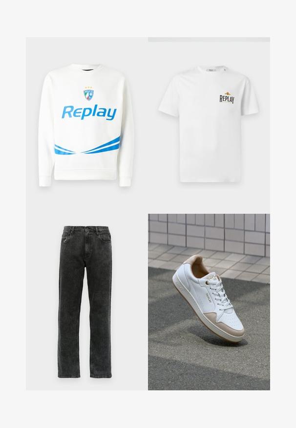 Weißer Kapuzenpullover mit blauem "Replay"-Logo, einem Teamwappen mit Sternen und blauen diagonalen Streifen an der Taille und den Ärmeln. Sanfte Textur.; Weißes Baumwoll-T-Shirt mit kurzen Ärmeln, das auf der linken Brust ein schwarzes und goldenes "REPLAY GRAND HOTEL"-Logo zeigt. Einfaches Design, normale Passform.; Schwarze Denim-Jeans mit geradem Schnitt, fünf Taschen, Knopfverschluss und dezentem Verblassen des Stoffs.; Weiße Leder-Sneaker mit beigen Wildlederakzenten, flachen Schnürsenkeln, perforierter Zehenbox und goldenen Logo-Details auf der Zunge und der Seite.