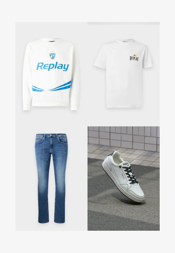 Valge pusaku featuring sinine "Replay" logo, meeskonna embleem tähtedega ning sinised diagonaalsed triibud vöökoha ja varrukate juures. Pehme tekstuur.; Valge puuvillane T-särk lühikeste varrukatega, vasakul rinnal musta ja kuldse "REPLAY GRAND HOTEL" logoga. Lihtne disain, tavaline lõige.; Sinised denim püksid otse lõikega, kerge pleekimisega, viie tasku ja nupu- ning tõmbluku sulgemisega. Õmblused mööda õmblusi.; Valge nahast tenniseki, millel on perforeeritud varvas, mustad paelad ja kontsas rõhutus. Omab "REPLAY" brändingut ja ühtlast kummist tallat.