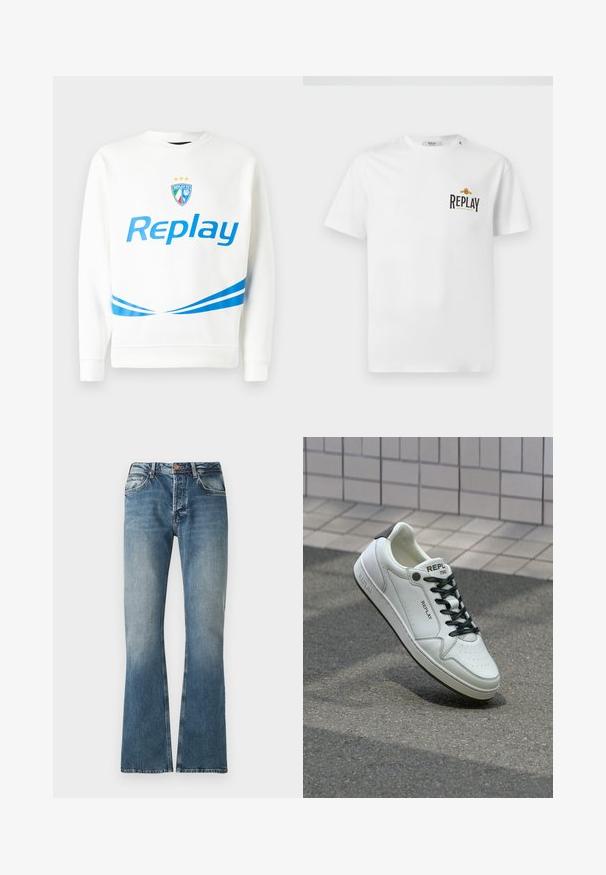 Valge pusaku featuring sinine "Replay" logo, meeskonna embleem tähtedega ning sinised diagonaalsed triibud vöökoha ja varrukate juures. Pehme tekstuur.; Valge puuvillane T-särk lühikeste varrukatega, vasakul rinnal musta ja kuldse "REPLAY GRAND HOTEL" logoga. Lihtne disain, tavaline lõige.; Sinine denimist flared teksad heledas pesus, viie tasku, nup closure'i ja nähtavate õmblustega pitside ääres.; Valge nahast tenniseki, millel on perforeeritud varvas, mustad paelad ja kontsas rõhutus. Omab "REPLAY" brändingut ja ühtlast kummist tallat.