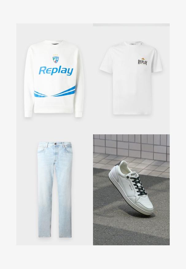 Sudadera blanca con un logo azul de "Replay", un escudo del equipo con estrellas y rayas diagonales azules en la cintura y las mangas. Textura suave.; Camiseta de algodón blanca con mangas cortas, que presenta un logo en negro y dorado de "REPLAY GRAND HOTEL" en el lado izquierdo del pecho. Diseño simple, corte regular.; Vaqueros de denim azul claro con diseño de pierna recta, cinco bolsillos y cierre de botón único, que presentan parches desgastados y una textura sutil.; Zapatilla blanca de cuero con puntera perforada, cordones negros y acento en el talón. Presenta la marca "REPLAY" y una suela de goma sólida.