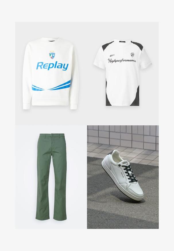 Balts sporta krekls ar zilu "Replay" logo, komandas emblēmu ar zvaigznēm, un zilām diagonālām svītrām jostā un piedurknēs. Maiga tekstūra.; Balts īsām piedurknēm T-krekls ar melniem akcentiem. Ar "REPLAY FC" logotipu un "Highpeformance" tekstu sportiskā fontā. Izgatavots no gludas materiāla.; Zāles zaļas kokvilnas bikses ar taisnu kāju dizainu, ar priekšējo pogu aizdari un sānu kabatām. Gluda tekstūra un bez rakstiem.; Baltie ādas sporta apavi ar perforētu pirkstu daļu, melnām šņorzēm un papēža akcentiem. Iezīmē "REPLAY" zīmolu un cietu gumijas zoli.