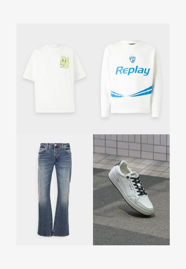 White sweatshirt featuring a blue "Replay" logo, a team crest with stars, and blue diagonal stripes at the waist and sleeves. Soft texture.; White oversized T-shirt made of cotton, featuring a green graphic print with "REPLAY MARTIN GARRIX" on the front. Short sleeves and round neck.; Light blue denim jeans with a flared design, featuring a standard waist, five pockets, and faded areas for a worn look.; White leather sneaker with perforated toe, black laces, and heel accent. Features "REPLAY" branding and a solid rubber sole.