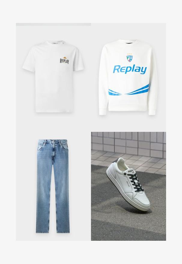 Sweatshirt branco com um logotipo azul "Replay", um emblema de equipa com estrelas, e riscas diagonais azuis na cintura e nas mangas. Textura suave.; T-shirt de algodão branco com mangas curtas, apresentando um logo preto e dourado "REPLAY GRAND HOTEL" no lado esquerdo do peito. Design simples, ajuste regular.; Jeans de ganga azul claro de corte straight-leg, com bolsos, rebites de cobre e fecho de botão. Apresentam um design desbotado e uma bainha limpa.; Sapatilha branca em couro com biqueira perfurada, atacadores pretos e detalhe no calcanhar. Apresenta a marca "REPLAY" e uma sola de borracha sólida.