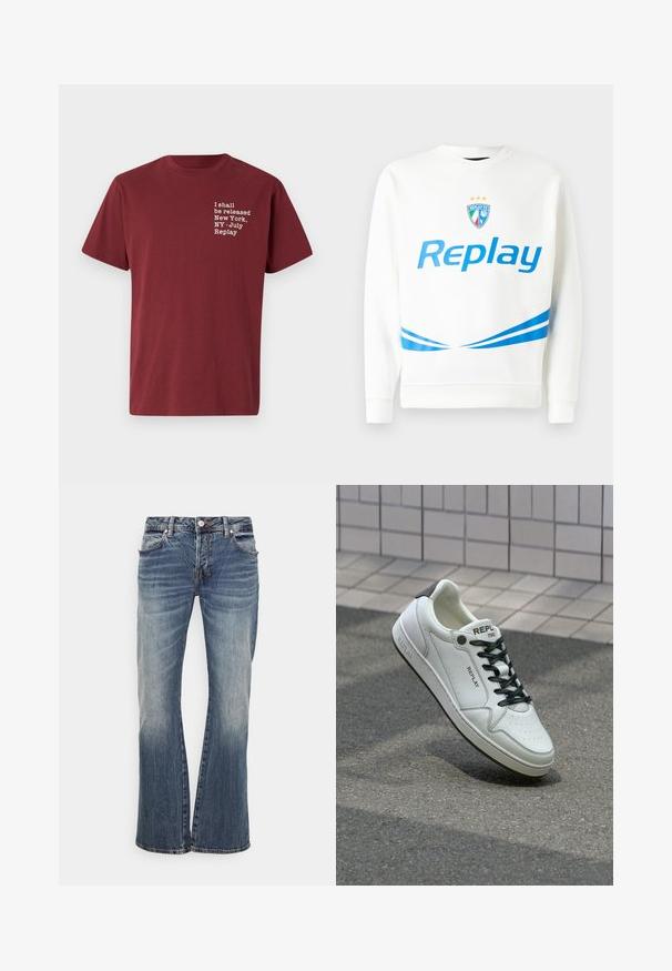 Hvid sweatshirt med et blåt "Replay" logo, et holdemblem med stjerner og blå diagonale striber ved taljen og ærmerne. Blød tekstur.; Bordeauxfarvet bomulds t-shirt med rund halsudskæring, korte ærmer og hvid tekst: "I shall be released New York, NY - July Replay" på brystet.; Lyseblå denimjeans med en flagrende design, der har en standard talje, fem lommer og slidte områder for et brugt udseende.; Hvide lædersneakers med perforeret tå, sorte snørebånd og hæl-akcent. Funktioner "REPLAY" branding og en solid gummisål.