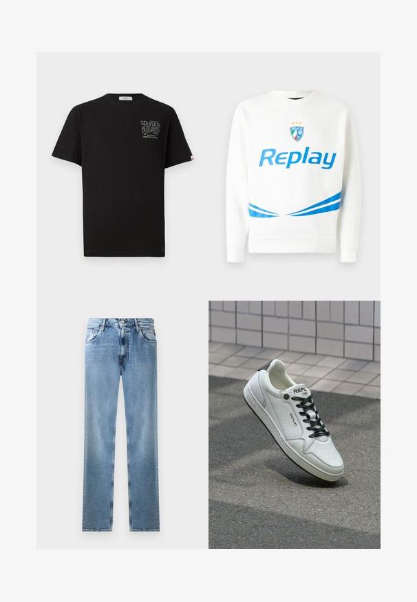Baltas sportinis megztinis su mėlynu "Replay" logotipu, komandos emblemą su žvaigždėmis ir mėlynomis įstrižomis juostelėmis juosmens ir rankovių srityse. Minkšta tekstūra.; Juoda medvilnės marškinėliai trumpomis rankovėmis, apvaliu iškirpimu ir pilku spaudiniu priekyje. Ant šono yra mažas prekinis ženklas.; Šviesiai mėlyni džinsai su tiesiais klešniais, kišenėmis, vario kniedėmis ir sagčių uždarymu. Savybės: nudilęs dizainas ir švarus apdaila.; Balti odinės sportbačiai su perforuotu pirštu, juodais raišteliais ir kulno akcentu. Savybės: "REPLAY" ženklas ir tvirta gumos padas.