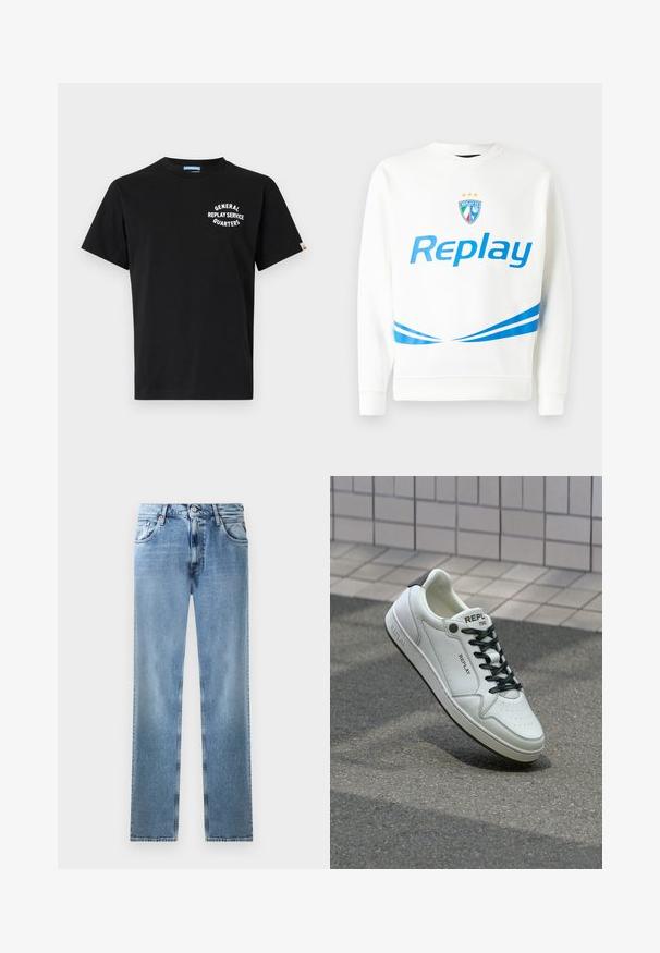 Sudadera blanca con un logo azul de "Replay", un escudo del equipo con estrellas y rayas diagonales azules en la cintura y las mangas. Textura suave.; Camiseta de algodón negra con mangas cortas y escote redondo. Presenta el texto blanco "SERVICIO GENERAL DE REPOSICIÓN CUARTOS" en el pecho.; Jeans de mezclilla de corte recto en azul claro, con bolsillos, remaches de cobre y un cierre de botón. Presentan un diseño desgastado y un dobladillo limpio.; Zapatilla blanca de cuero con puntera perforada, cordones negros y acento en el talón. Presenta la marca "REPLAY" y una suela de goma sólida.