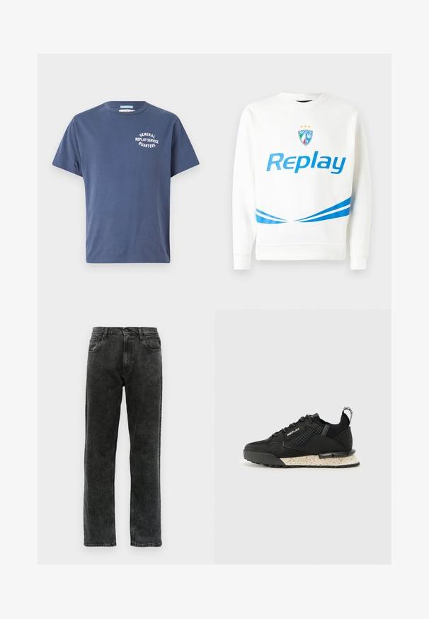 Baltas sportinis megztinis su mėlynu "Replay" logotipu, komandos emblemą su žvaigždėmis ir mėlynomis įstrižomis juostelėmis juosmens ir rankovių srityse. Minkšta tekstūra.; Tamsiai mėlynas medvilnės marškinėliai trumpomis rankovėmis, su baltu grafinio teksto užrašu "GENERAL REPLAY SERVICE QUARTERS" kairėje krūtinės pusėje.; Juodos džinsinės kelnės su tiesiomis kojomis, turinčios penkias kišenes, mygtuką užtraukimui ir nedidelį blukimą audinyje.; Replay FIELD MELT 25 - Sportbačiai - black