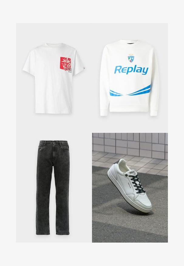 Balts sporta krekls ar zilu "Replay" logo, komandas emblēmu ar zvaigznēm, un zilām diagonālām svītrām jostā un piedurknēs. Maiga tekstūra.; Balts kokvilnas t-krekls ar sarkanu kabatu, kurā ir ziedu dizains un teks. Īsās piedurknes, apaļa kakla izgriezums un brīvs piegriezums.; Melnas denim bikses ar taisnu kāju griezumu, piecas kabatas, pogu aizdari un maigu izbalēšanu pa audumu.; Baltie ādas sporta apavi ar perforētu pirkstu daļu, melnām šņorzēm un papēža akcentiem. Iezīmē "REPLAY" zīmolu un cietu gumijas zoli.