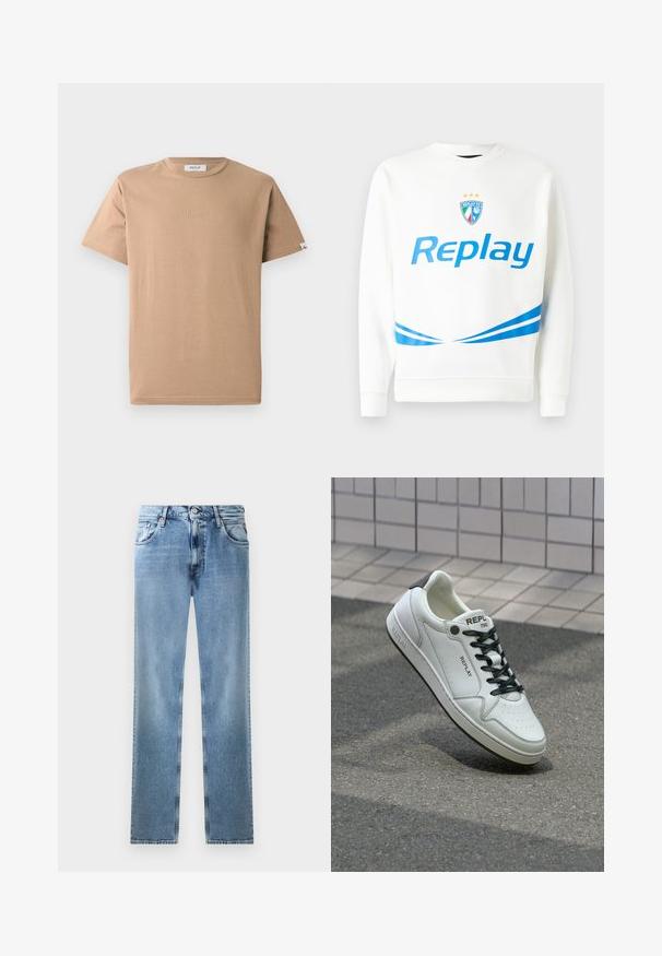 Bílá mikina s modrým logem "Replay", týmovým znakem se hvězdami a modrými diagonálními pruhy na pasu a rukávech. Měkká textura.; Béžové bavlněné tričko s kulatým výstřihem, krátkými rukávy a jemně embosovaným logem "REPLAY" na přední straně. Hladká textura, volný střih.; Světlé modré džíny rovného střihu s kapsami, měděnými nýty a knoflíkovým zavíráním. Má vybledlý design a čistý lem.; Bílé kožené tenisky s perforovanou špičkou, černými tkaničkami a akcentem na patě. Obsahují značkování "REPLAY" a pevnou gumovou podešev.