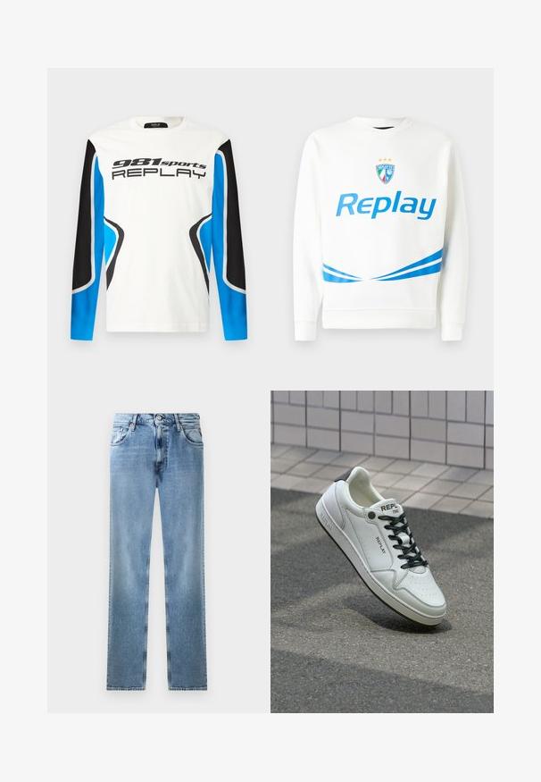 Λευκό φούτερ με μπλε λογότυπο "Replay", έμβλημα ομάδας με αστέρια και μπλε διαγώνιες ρίγες στη μέση και στα μανίκια. Μαλακή υφή.; Αθλητικό μπλουζάκι με μακριά μανίκια, άσπρο μπροστά, μαύρους και μπλε πάνελ μανικιών, και λογότυπο "981 sports REPLAY" εκτυπωμένο στο στήθος.; Ανοιχτό μπλε τζιν παντελόνι κατευθείαν με τσέπες, χάλκινα κομβία και κλείσιμο με κουμπί. Διαθέτει ξεθωριασμένο σχέδιο και καθαρό στρίφωμα.; Λευκό δερμάτινο αθλητικό παπούτσι με τρυπητή μύτη, μαύρα κορδόνια και λευκό φινίρισμα στη φτέρνα. Περιλαμβάνει το λογότυπο "REPLAY" και μια στερεή ελαστική σόλα.