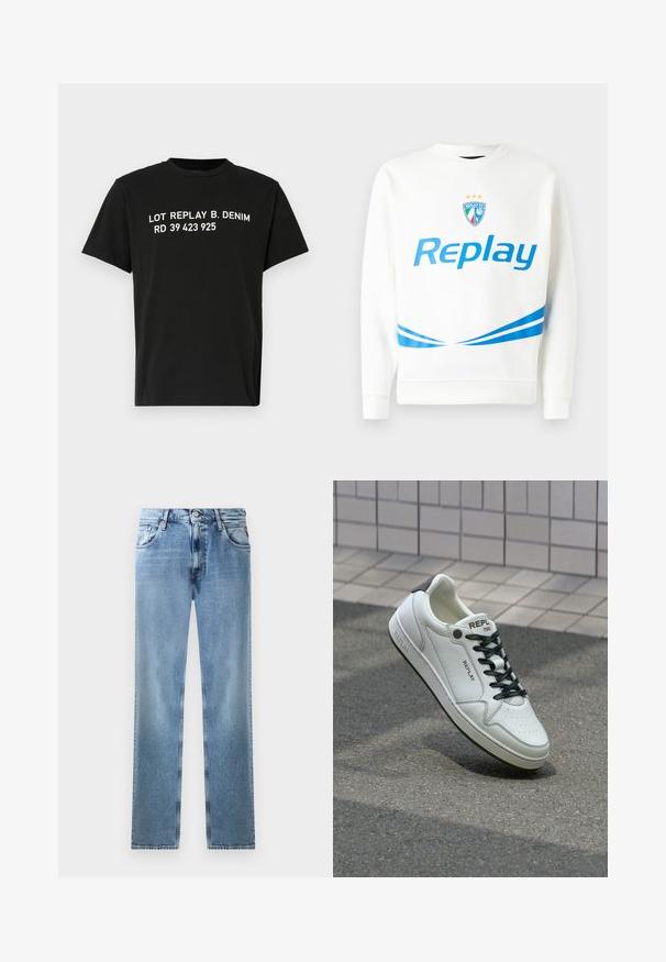 Bílá mikina s modrým logem "Replay", týmovým znakem se hvězdami a modrými diagonálními pruhy na pasu a rukávech. Měkká textura.; Černé bavlněné tričko s krátkými rukávy, na kterém je bílé písmo: "LOT REPLAY B. DENIM RD 39 423 925" uprostřed na hrudi.; Světlé modré džíny rovného střihu s kapsami, měděnými nýty a knoflíkovým zavíráním. Má vybledlý design a čistý lem.; Bílé kožené tenisky s perforovanou špičkou, černými tkaničkami a akcentem na patě. Obsahují značkování "REPLAY" a pevnou gumovou podešev.
