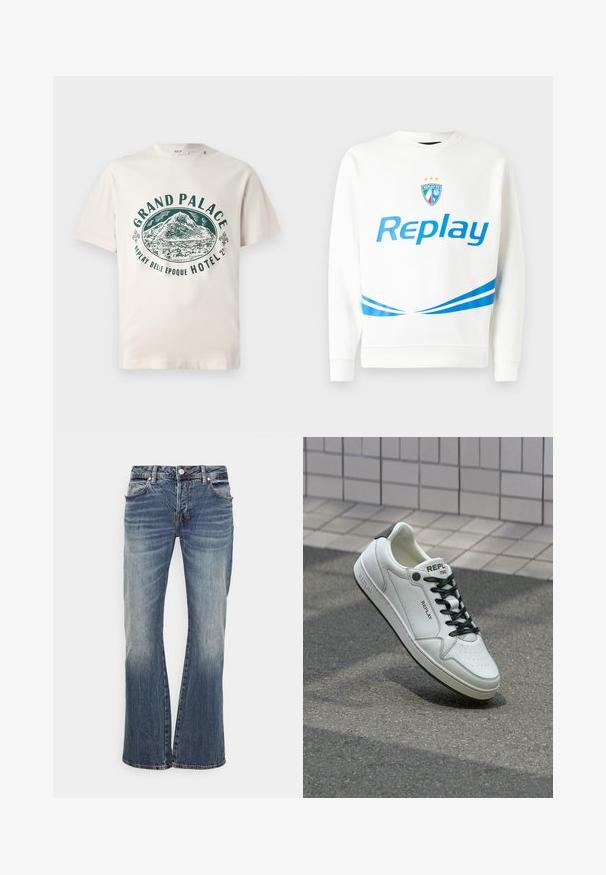 Sweatshirt branco com um logotipo azul "Replay", um emblema de equipa com estrelas, e riscas diagonais azuis na cintura e nas mangas. Textura suave.; T-shirt de algodão creme com uma impressão gráfica verde de uma montanha e o texto "GRAND PALACE REPLAY BELLE EPOQUE HOTEL." Mangas curtas.; Jeans de ganga azul claro com um design descaído, apresentando uma cintura padrão, cinco bolsos e áreas desbotadas para um aspeto usado.; Sapatilha branca em couro com biqueira perfurada, atacadores pretos e detalhe no calcanhar. Apresenta a marca "REPLAY" e uma sola de borracha sólida.