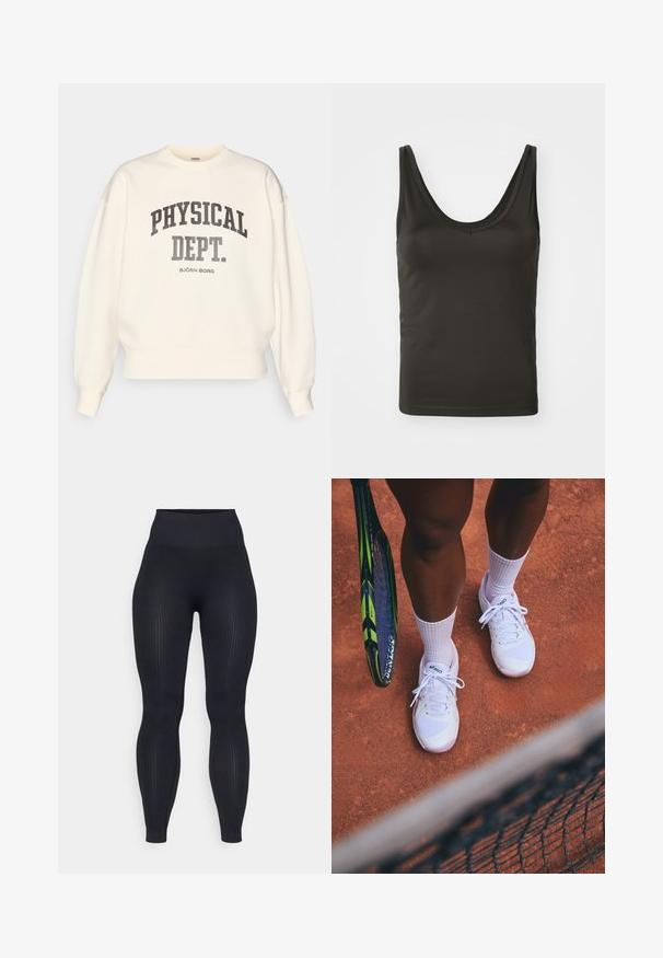 Felpa color crema con scollatura a girocollo, spalle cadenti e polsini a coste. Presenta la scritta "PHYSICAL DEPT." in grassetto grigio scuro.; Top senza maniche di colore nero con scollatura tonda, realizzato in tessuto morbido ed elastico. Design semplice con bordi puliti, adatto per essere indossato a strati.; Leggings neri a coste con vita alta, realizzati in materiale elastico. Presentano una texture liscia con motivi verticali su tutta la superficie.; Scarpe da tennis bianche con pannelli in rete e dettagli rosa, abbinate a calze bianche, posizionate su un campo in terra rossa con una racchetta da tennis nelle vicinanze.