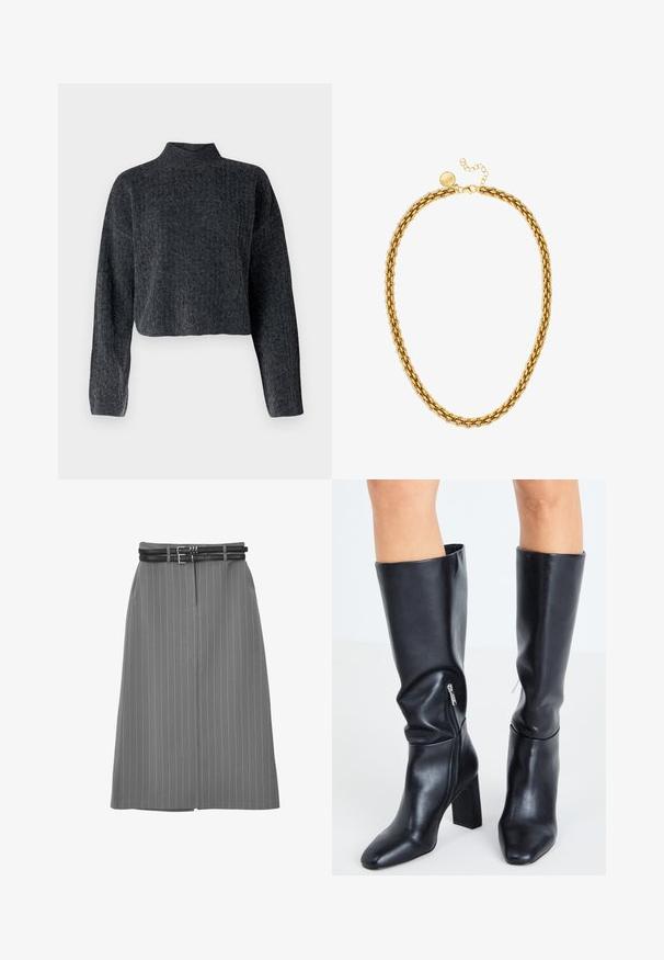 Cropped, dark grey sweater with a high neckline and long sleeves. Made of textured knitted fabric with subtle patterning throughout.; Gray pinstripe skirt featuring a straight cut, a front pleat, and a double black belt detail at the waist.; Steve Madden SPEEDWAY - Boots - black; Gold chain necklace featuring interlinked oval links, a textured surface, and a clasp with a small round accent and extension chain.