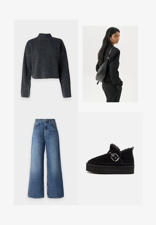 Zrezaný tmavošedý sveter s vysokým golierom a dlhými rukávmi. Vyrobený z textúrovanej pletenej látky s jemným vzorom po celom povrchu.; Vysokopásové rozšírené džínsy vyrobené zo svetlo modrého denimu, s klasickým piatym vreckom a jemným vyblednutím pozdĺž nohavíc.; Čierne semišové členkové topánky s hrubou platformou, so dekoratívnou striebornou prackou a mäkkým kožúškom okolo goliera.; Žena s dlhými tmavými vlasmi, oblečená v čiernom obleku, nesúca čiernu koženú kabelku na ramene, pozerajúca cez rameno na bielom pozadí.