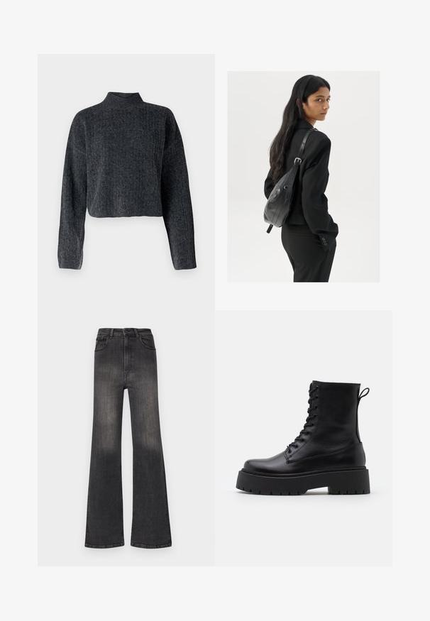Cropped, dark grey sweater with a high neckline and long sleeves. Made of textured knitted fabric with subtle patterning throughout.; Black flared jeans made of denim. Features a high waist, five pockets, and a faded finish. Hemline is wide and consistent throughout.; Black leather ankle boots with a round toe, lace-up front, and a thick rubber sole featuring a textured tread. Pull tab at the back.; Woman with long dark hair wearing a black suit, carrying a black leather shoulder bag, looking over her shoulder against a white background.