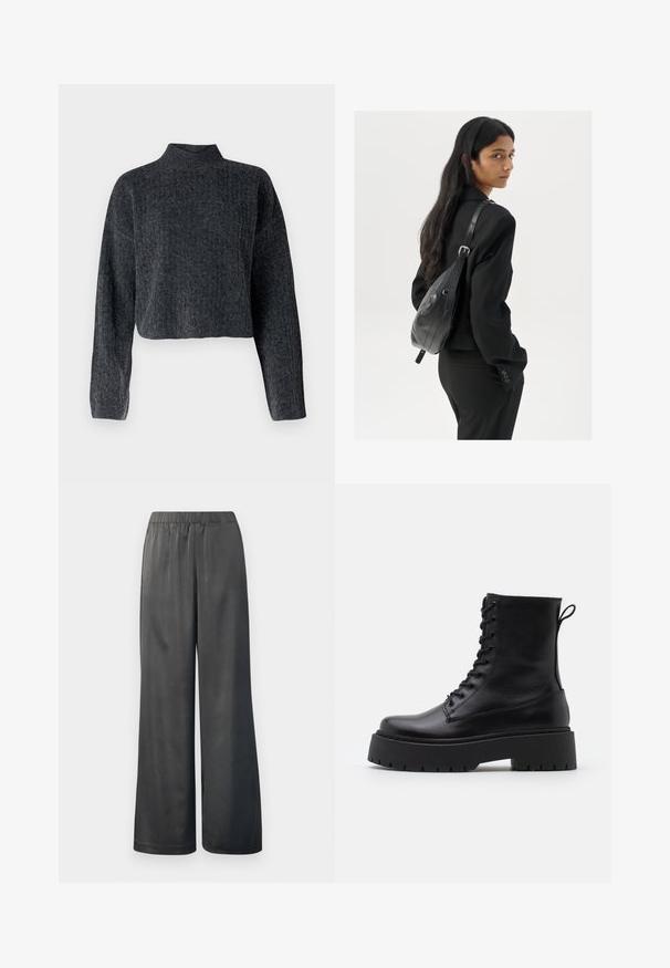 Cropped, dark grey sweater with a high neckline and long sleeves. Made of textured knitted fabric with subtle patterning throughout.; Black wide-leg pants with an elastic waistband; smooth, shiny texture; full-length design; no visible patterns or hardware accents.; Black leather ankle boots with a round toe, lace-up front, and a thick rubber sole featuring a textured tread. Pull tab at the back.; Woman with long dark hair wearing a black suit, carrying a black leather shoulder bag, looking over her shoulder against a white background.