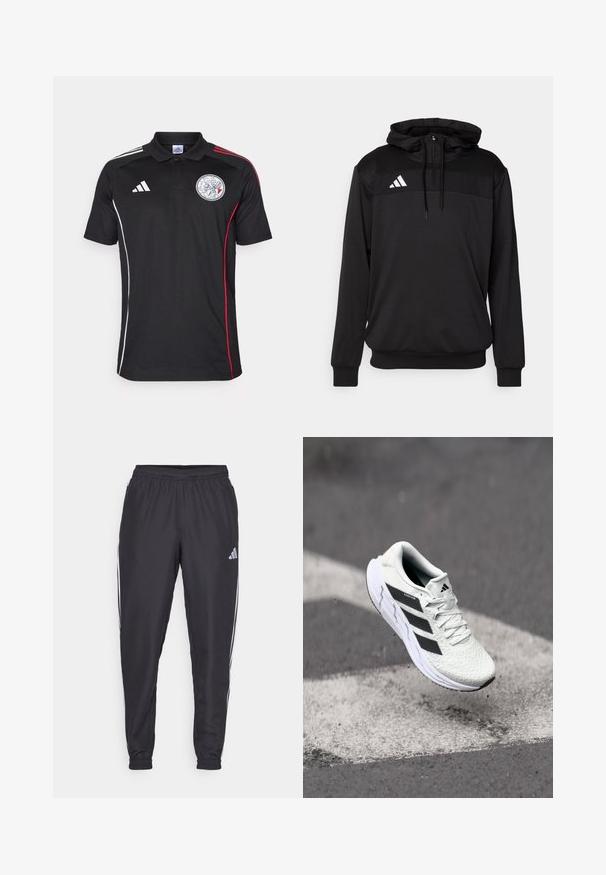 Svart hettegenser laget av glatt stoff med en halv glidelås, har kengurulomme og et hvitt trekantet logo på brystet.; Sort polo skjorte med hvite og røde sidestreker, hvit Adidas-logo og rundt emblem. Laget av glatt stoff, med krage og tre knapper.; Svart treningsbukser med elastisk liv, med hvite striper langs sidene og en liten logo på hoften. Glatt tekstur.; Hvit sportsko med teksturert mesh-overdel, svarte striper, snøring og en polstret såle, svevende over en markert veidoverflate.