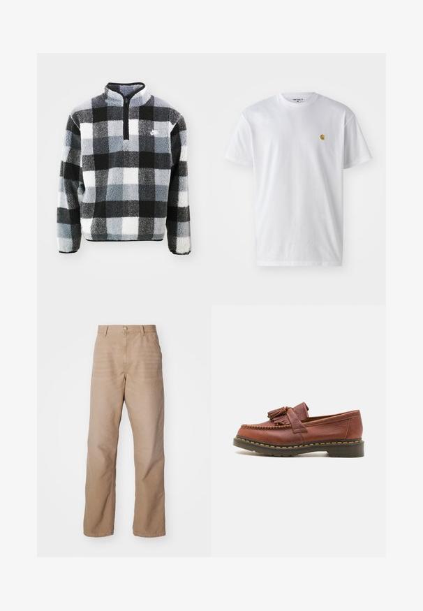 Fleece-pusero puolivetoisella vetoketjulla, mustavalkohaalistuva ruutukuosi, teksturoitu pinta ja pieni logo rinnassa.; Valkoinen puuvillapaita lyhyillä hihoilla, pyöreä kaula-aukko, jossa on pieni kultainen logo vasemmassa rintapielessä. Pehmeä kangas ja normaali istuvuus.; Beige puuvillahousut suoran lahkeen muotoilulla, jossa on vetoketjusiiven, viisi taskua ja hieno tekstuuri.; Kahvinahkainen mokassa, jossa on tupsuakkentssit, teksturoitu pinta ja kontrastina keltainen ommel mustan kumipohjan reunalla. Sivunäkymä.