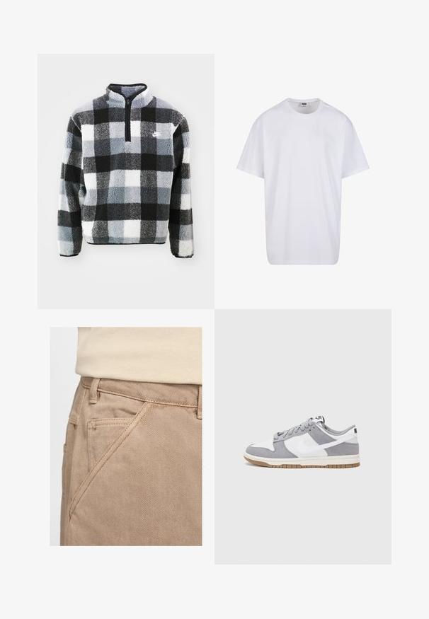 Flišo puloveris su pusiau užtrauktuku, juodos, baltos ir pilkos spalvų langelių raštu, tekstūruota paviršiumi ir mažu logotipu ant krūtinės.; Balta medvilninė marškinėlių užsagėlė su trumpomis rankovėmis, apvaliu kaklu, laisva forma ir be matomų logotipų ar raštų. Lygi tekstūra ir minimalus dizainas.; Bežinės medvilninės kelnės su lygiu paviršiumi, įstrižais priekiniais kišenėmis ir matomomis siūlėmis.; Pilka ir balta sportinė avalynė su zomšiniu ir odiniu viršumi, suapvalintu pirštu, plokščiomis raištelėmis ir guminėmis padais su guminiu akcentu.