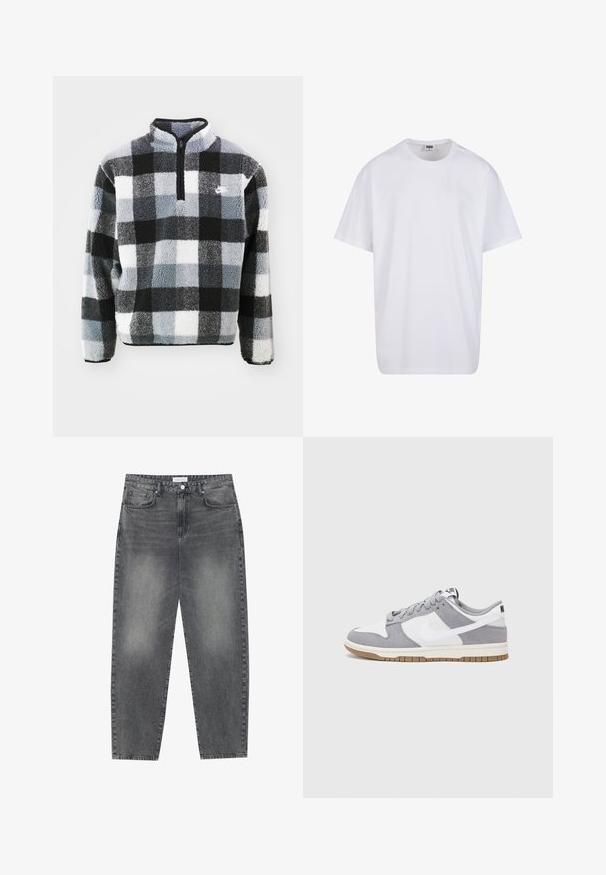 Pulover din fleece cu fermoar pe jumătate, având un model de tartan în nuanțe de negru, alb și gri, o suprafață texturată și un logo mic pe piept.; Tricou alb din bumbac cu mâneci scurte, decolteu rotund, croială lejeră și fără logo-uri sau modele vizibile. Textură netedă și design minimalist.; Jeans cu talie înaltă, lejere, din denim negru estompat. Caracteristici: cinci buzunare, bucle pentru curea și un design curat cu picior drept.; Sneaker gri și alb, cu un superior din suede și piele, vârf rotund, șireturi plate și o talpă din cauciuc ce prezintă un accent de culoare gum.