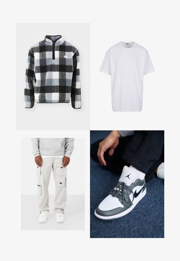 Fleece-Pullover mit halb offener Reißverschluss, ausgestattet mit einem schwarz-weißen-grauen Karomuster, strukturierter Oberfläche und kleinem Logo auf der Brust.; Weiße Baumwoll-T-Shirt mit kurzen Ärmeln, rundem Ausschnitt, lockerer Passform und ohne sichtbare Logos oder Muster. Glatte Textur und minimalistisches Design.; Hellgraue Cargo-Hosen aus Baumwolle mit mehreren Vorder- und Seitentaschen, die schwarze Akzente und eine Reißverschlusstasche an der Seite aufweisen.; Nike Air Jordan 1 Sneakers aus weißem und grauem Leder, mit einem schwarzen Logo, perforierter Zehenpartie und flachen grauen Schnürsenkeln.