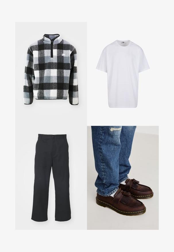 Pulover din fleece cu fermoar pe jumătate, având un model de tartan în nuanțe de negru, alb și gri, o suprafață texturată și un logo mic pe piept.; Tricou alb din bumbac cu mâneci scurte, decolteu rotund, croială lejeră și fără logo-uri sau modele vizibile. Textură netedă și design minimalist.; Pantaloni negri cu croială dreaptă, confecționați dintr-un material cu textură netedă, având deschidere frontală cu nasture și buzunare standard.; Loafers din piele maro cu accente cu ciucuri, având un design cusut și o talpă din cauciuc galben. Asortați cu blugi decolorati de culoare albastră.