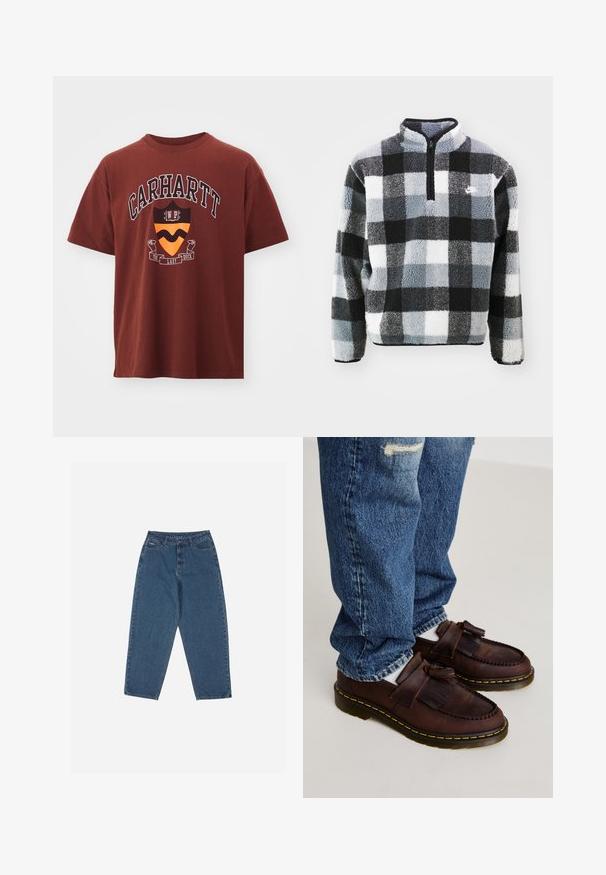 Fleece pulóver fél cipzárral, fekete, fehér és szürke kockás mintázattal, texturált felülettel és kis logóval a mellrészén.; Bordó pamut póló rövid ujjakkal. Elől grafikai nyomat található, amely tartalmazza a "Carhartt" szöveget és egy pajzs motívumot narancssárga és fekete színekben.; Kék farmernadrág, laza szabással, magas derékkal, öt zsebes kialakítással és varrási díszítésekkel. Gombos és cipzáros záródással rendelkezik.; Barna bőr loaferek, bojt díszítéssel, varrott dizájnnal és sárga gumitalppal. Halványkék farmernadrággal párosítva.