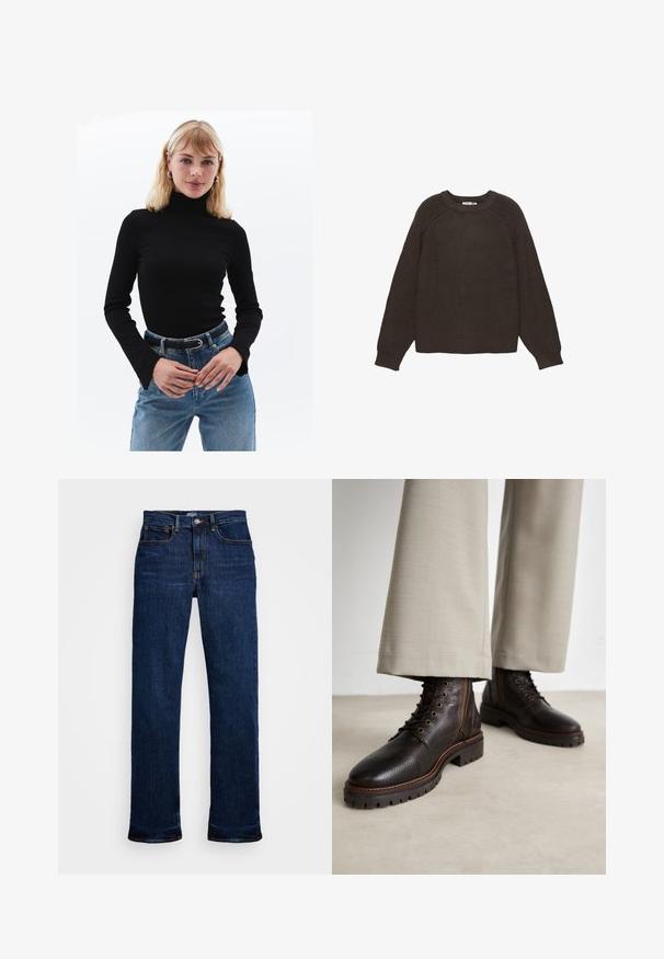 Dunkelbrauner Strickpullover mit gerippter Textur, rundem Halsausschnitt und langen Raglanärmeln. Der Saum und die Bündchen sind ebenfalls gerippt.; Schwarzes Rollkragenoberteil mit langen Ärmeln, geripptem Textur, kombiniert mit hochgeschnittenen, hellblauen Jeans und einem schwarzen Gürtel mit silberner Schnalle.; Dunkelblaue Jeans aus Denim mit geradem Bein, ausgestattet mit fünf Taschen, Kupfernähten und einem klassischen Knopfverschluss.; Dunkelbraune Lederstiefel mit strukturierter Oberfläche, Schnürdesign, runder Zehenpartie und robusten Gummisohlen. Abgerundet durch kontrastierende Nähte.