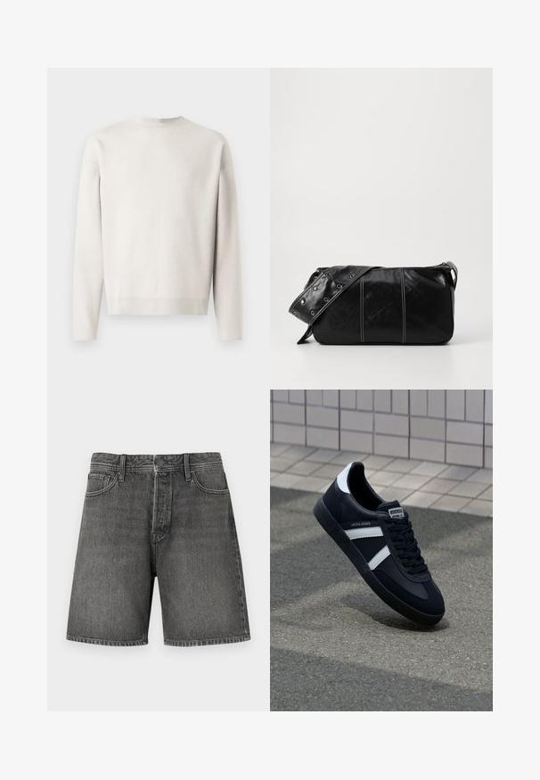 Svetlošedý pletený sveter s dlhými rukávmi, okrúhlym výstrihom a rebrovanými manžetami. Mäkká textúra, voľný strih a žiadne viditeľné vzory.; Tmavošedé denimhore s klasickým dizajnom piatich vreciek, zapínaním na gombík a zips, rovný strih a mierne zosvetlenou textúrou po celom obvode.; Čierne kožené tenisky s bielymi pruhmi, textúrovanou gumovou podrážkou a šnurovaním vpredu. Obsahujú označenie značky na jazyku.; Čierna kožená kabelka cez plece so zipsovým uzáverom, so štruktúrovaným telom, bielym prešívaním a popruhom so striebornými očkami.