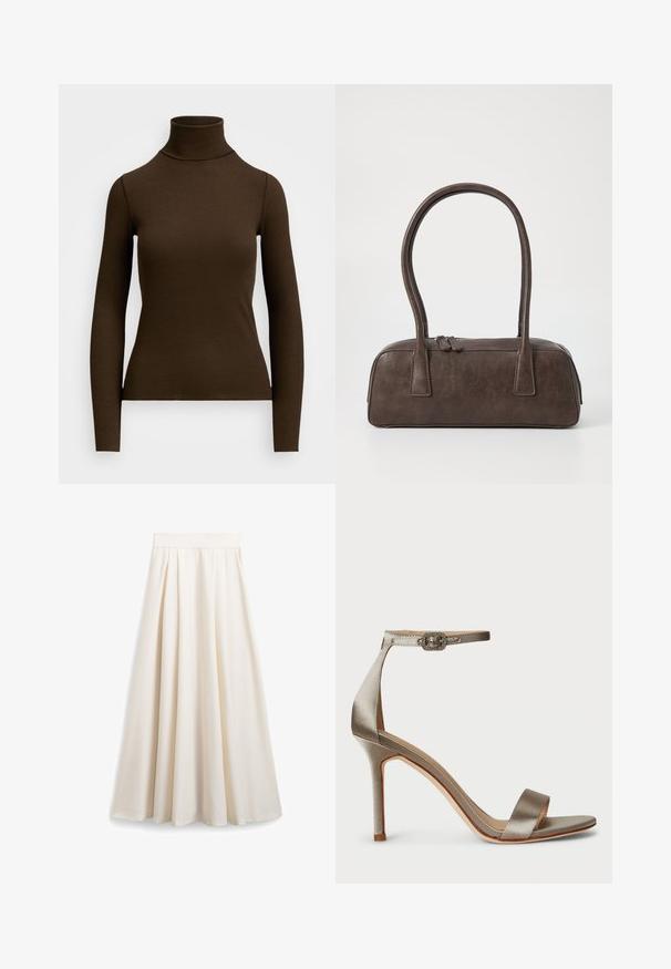 Camisola castanha de mangas longas e gola alta, feita de um tecido canelado. Apresenta um silhueta ajustada e um design de gola alta. Sem padrões ou acabamentos visíveis.; Saia A-line de cor creme, feita de um tecido suave, apresentando pregas e uma cinta larga para uma silhueta fluida.; Sandal com salto alto em cetim prateado, com uma faixa no tornozelo e um fivela decorativa. Ponta aberta e design elegante e esguio.; Bolsa de couro castanho com duas alças robustas, formato retangular, textura lisa e fecho de zíper. Design minimalista sem padrões visíveis.