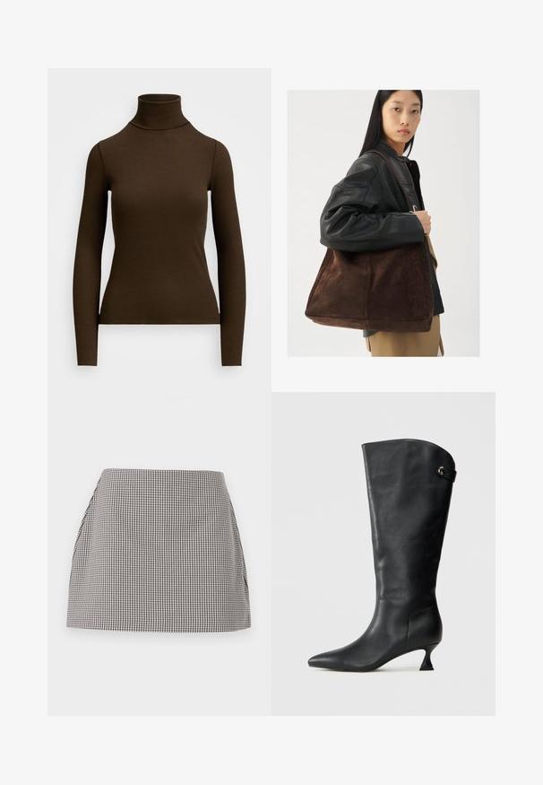 Bluză maro cu mânecă lungă și guler înalt, realizată dintr-un material cu textură ribbed. Are o siluetă ajustată și un design cu guler înalt. Fără modele sau accente vizibile.; Fustă în carouri alb-negru, cu croială dreaptă, laterale pliate și textură netedă. Materialul are un model cu carouri mici.; Botă lungă din piele neagră, cu vârful ascuțit, toc subțire și un accent de curea aproape de vârf. Textură netedă și design minimalist.; Geantă de umăr din suede maro, cu o formă largă și o textură moale, având o singură curea și hardware minim pe un fundal neutru.
