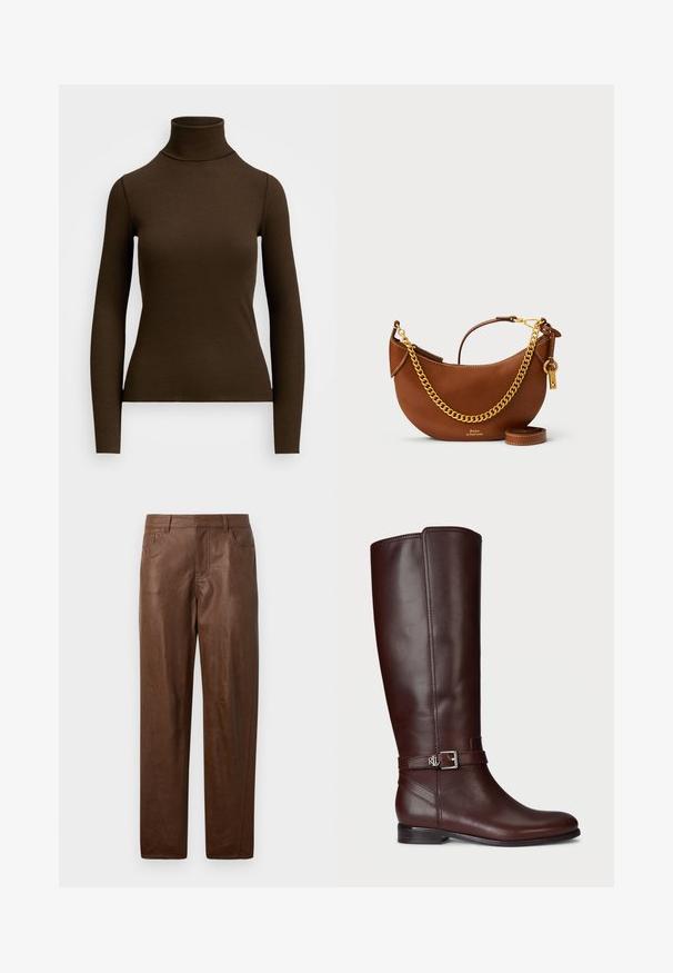 Camisola castanha de mangas longas e gola alta, feita de um tecido canelado. Apresenta um silhueta ajustada e um design de gola alta. Sem padrões ou acabamentos visíveis.; Calças de couro castanho com uma textura suave, design de perna reta e dois bolsos laterais. Apresenta detalhes de costura visíveis.; Bota castanha de couro até ao joelho com textura suave, detalhe de fivela prateada e um salto baixo empilhado. Apresenta costuras discretas.; Bolsa de mão de couro castanho com um design curvado, alça de corrente dourada, bolso interior e uma alça de ombro destacável. Apresenta costura em contraste.