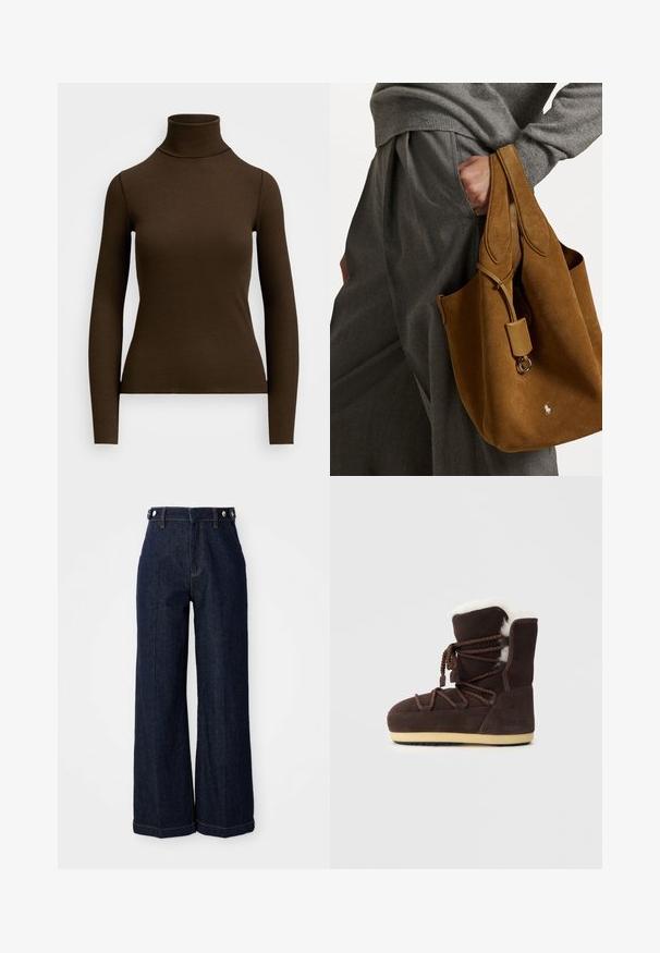Haut marron à manches longues et col roulé en tissu côtelé. Présente une silhouette ajustée et un design à col haut. Aucun motif ni accent visible.; Jean large bleu foncé en denim, avec une taille haute, un design à cinq poches et des coutures orange contrastantes.; Botte en suede marron avec un dessus en fausse fourrure blanche, des liens en dentelle et une semelle en caoutchouc beige. Le côté présente le texte "MOON BOOT."; Sac fourre-tout en daim marron avec une forme arrondie, deux poignées et un accent en métal. Présente un petit logo sur le devant.