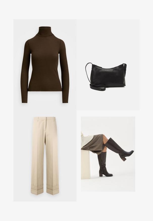 Bluză maro cu mânecă lungă și guler înalt, realizată dintr-un material cu textură ribbed. Are o siluetă ajustată și un design cu guler înalt. Fără modele sau accente vizibile.; Pantaloni bej cu o croială dreaptă, având un manșon dublu la tiv și un design cu față plată. Fabricat dintr-un material neted și durabil.; Cizme din piele maro, până la genunchi, cu vârf pătrat, toc masiv și fermoar pe lateral. Textură netedă cu un finisaj lucios.; Geantă de umăr din piele neagră, cu o textură netedă, formă curbată, curea ajustabilă și închidere cu fermoar. Design minimalist, fără embellishments.