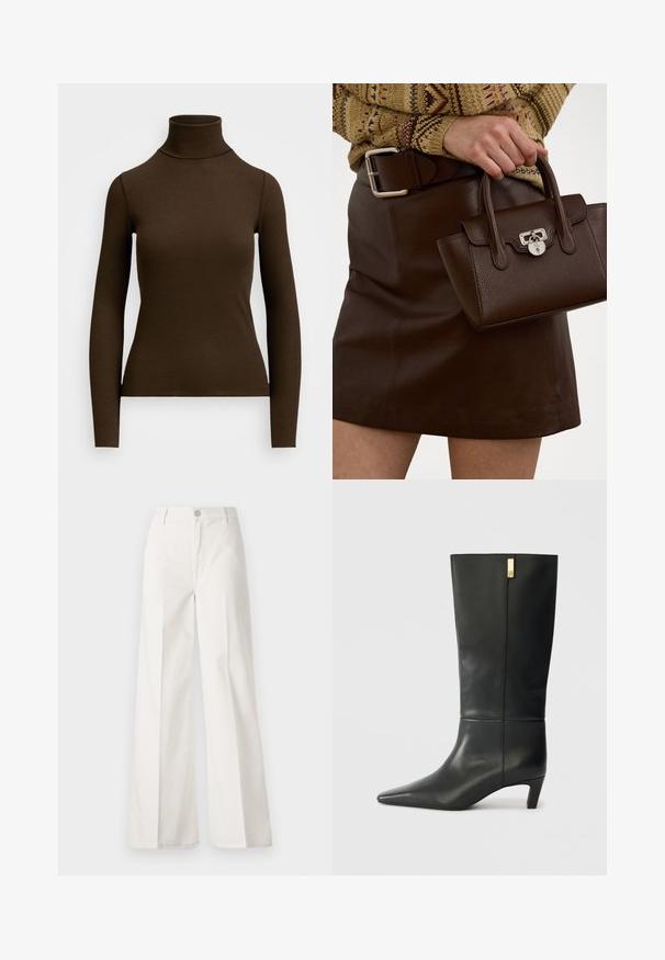 Top de cuello alto de manga larga en color marrón, hecho de tela acanalada. Presenta una silueta ajustada y un diseño de cuello alto. Sin patrones o acentos visibles.; Pantalones de pierna ancha blancos hechos de algodón con una textura suave. Cuenta con un botón delantero, cremallera y un diseño de cuatro bolsillos.; Bota de cuero negro hasta la rodilla con puntera afilada y un pequeño tacón. Presenta un diseño elegante con un detalle en dorado. Textura suave.; Bolso de mano de cuero marrón con un acabado texturizado y herrajes plateados, sostenido con una mano al lado de una falda de cuero marrón y un suéter con estampados.