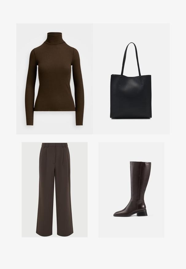 Top de cuello alto de manga larga en color marrón, hecho de tela acanalada. Presenta una silueta ajustada y un diseño de cuello alto. Sin patrones o acentos visibles.; Pantalones de pierna ancha marrones hechos de un tejido suave. Presentan pliegues en la parte delantera y una cinturilla ajustada con lazos para cinturón.; Botas de cuero marrón hasta la rodilla con un acabado suave, punta redonda y un tacón negro de pala. Diseño simple con detalles de herrajes mínimos.; Bolso tote de cuero negro con textura lisa, forma rectangular y dos asas largas. Sin herrajes ni adornos visibles.
