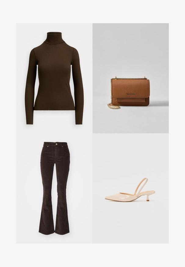 Brun, langermet turtleneck-top laget av ribbet stoff. Har en tettsittende silhuett og design med høy hals. Ingen synlige mønstre eller aksenter.; Vero Moda VMFLASH FLARED PANTS - Bukse - chocolate torte; Beige patenterte lærremmer med spiss tå og slank, firkantet hæl. Glatt tekstur og minimalistisk design uten dekorasjoner.; Brun teksturert lær crossover-veske med gullkjede-stropp og klaffelukking. Fronten har logo-detalj og en lomme under klaffen.